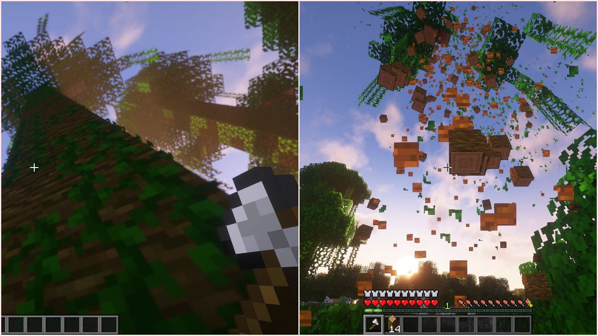 Timber mod automatically chops the entire tree by just breaking the log block. (Image via Sportskeeda Gaming || Mojang Studios)